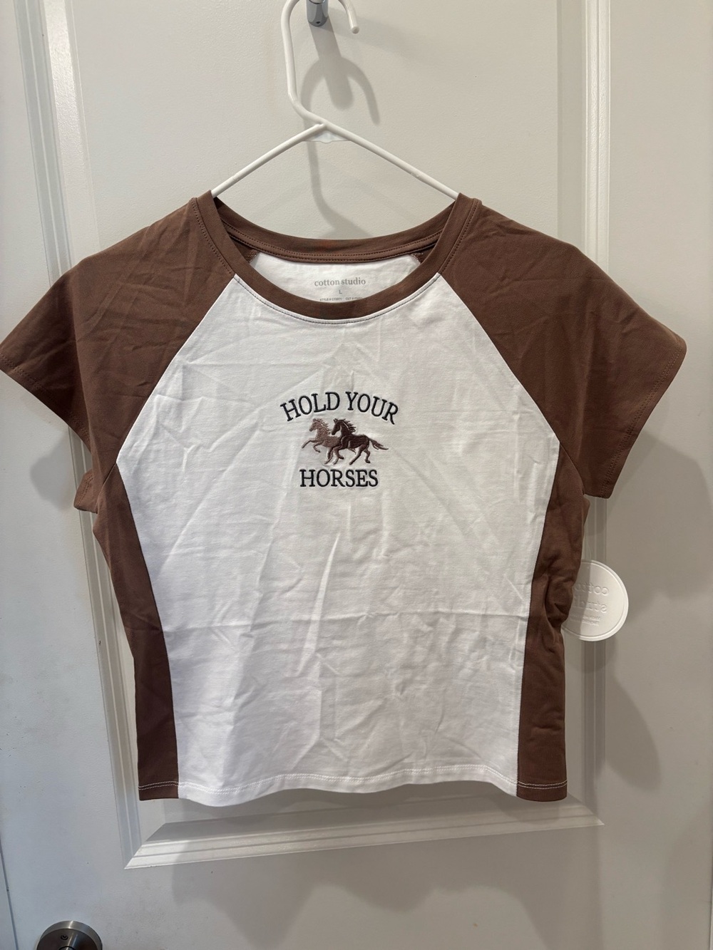 NWT Cotton Studio Hold Your Horses Raglan Tee - Brown & White - L